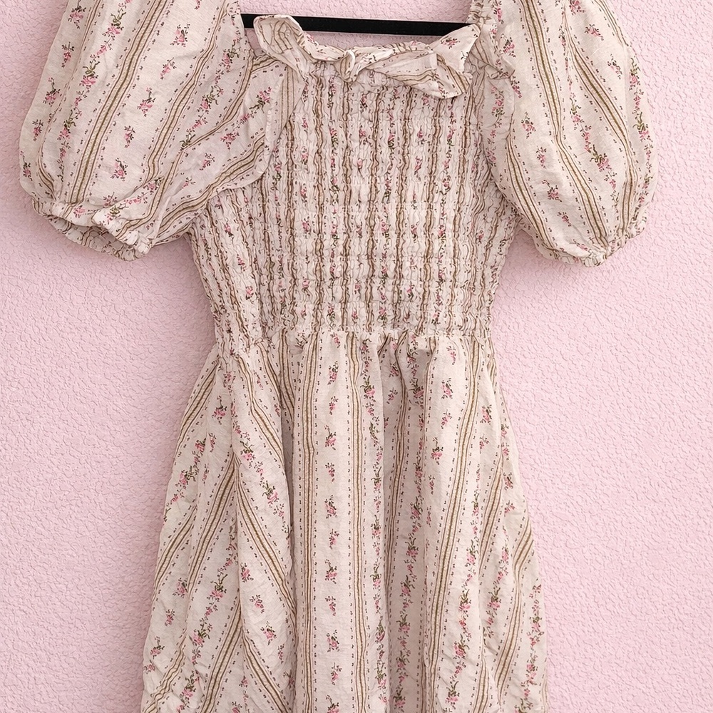 Floral Smocked Puff Sleeve Dress — Cream with Pink Roses Chelsea violet dress